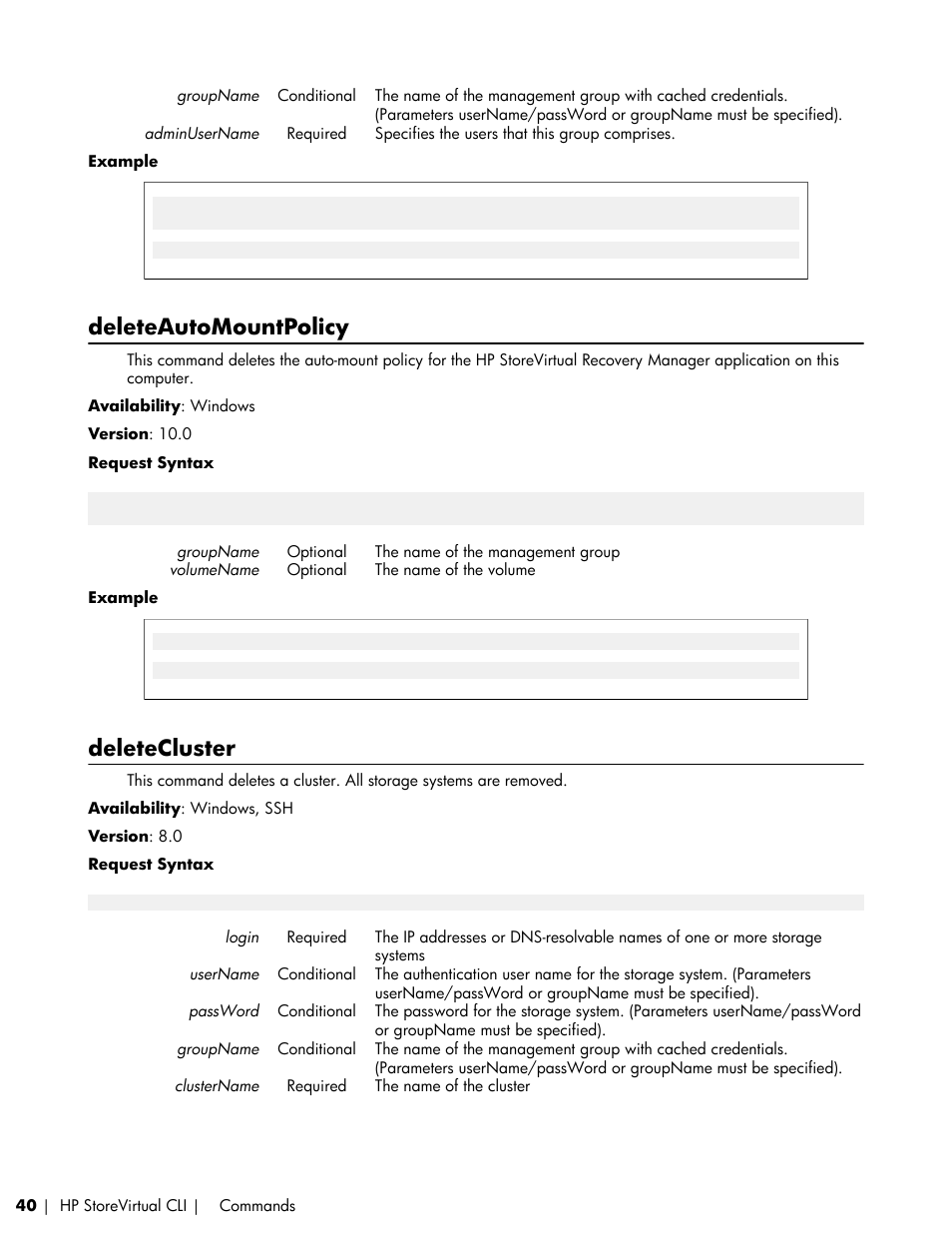 Deleteautomountpolicy, Deletecluster | HP LeftHand P4000 SAN Solutions User Manual | Page 40 / 102