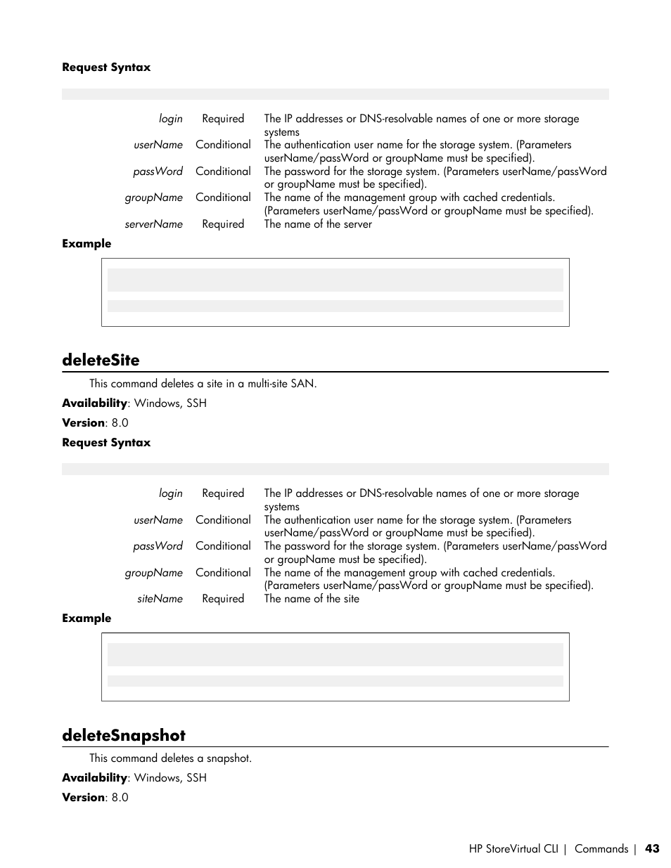 Deletesite, Deletesnapshot | HP LeftHand P4000 SAN Solutions User Manual | Page 43 / 102