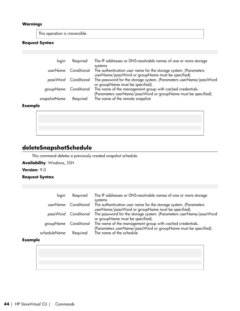 Deletesnapshotschedule | HP LeftHand P4000 SAN Solutions User Manual | Page 44 / 102