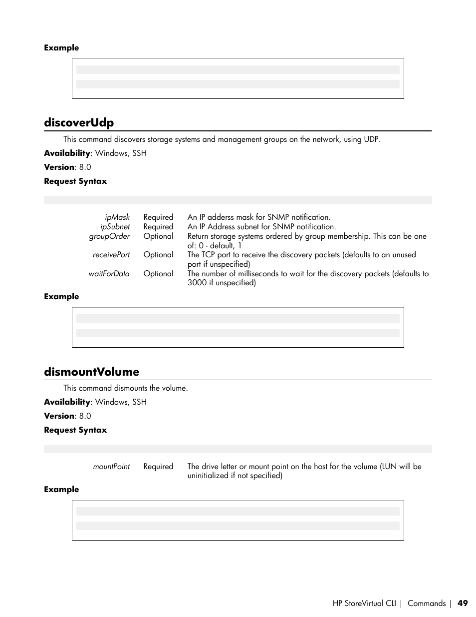 Discoverudp, Dismountvolume | HP LeftHand P4000 SAN Solutions User Manual | Page 49 / 102