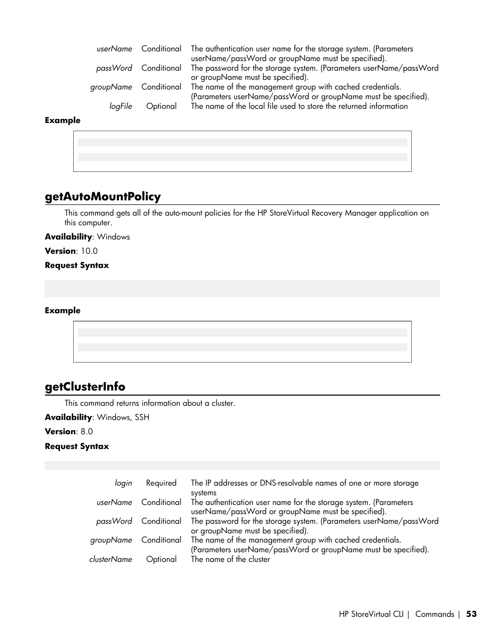 Getautomountpolicy, Getclusterinfo | HP LeftHand P4000 SAN Solutions User Manual | Page 53 / 102