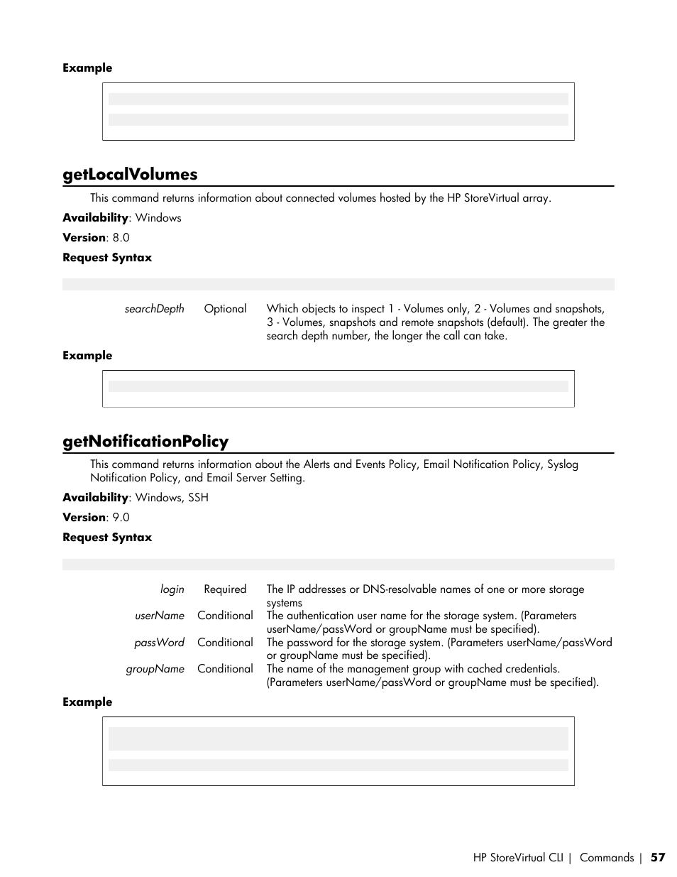 Getlocalvolumes, Getnotificationpolicy | HP LeftHand P4000 SAN Solutions User Manual | Page 57 / 102