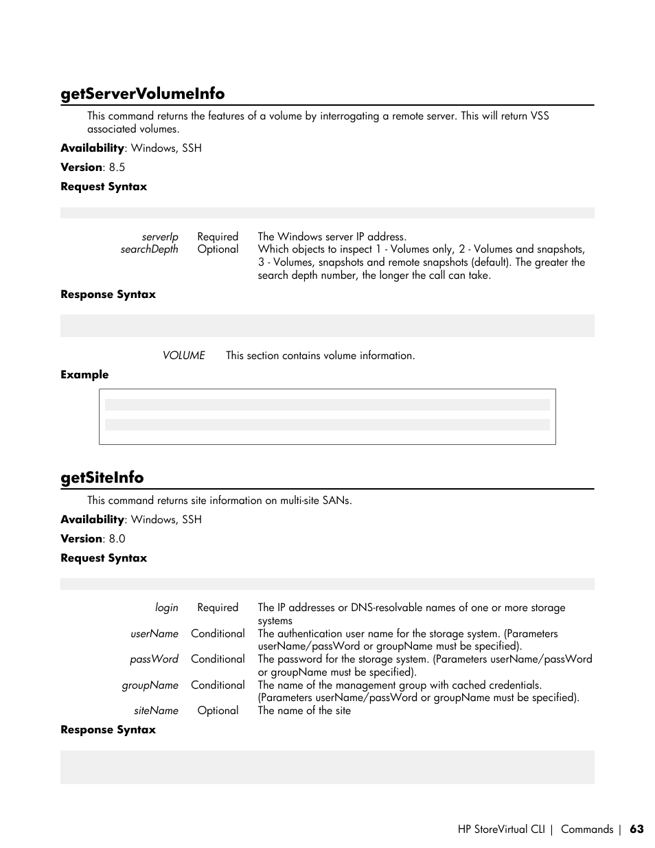 Getservervolumeinfo, Getsiteinfo | HP LeftHand P4000 SAN Solutions User Manual | Page 63 / 102