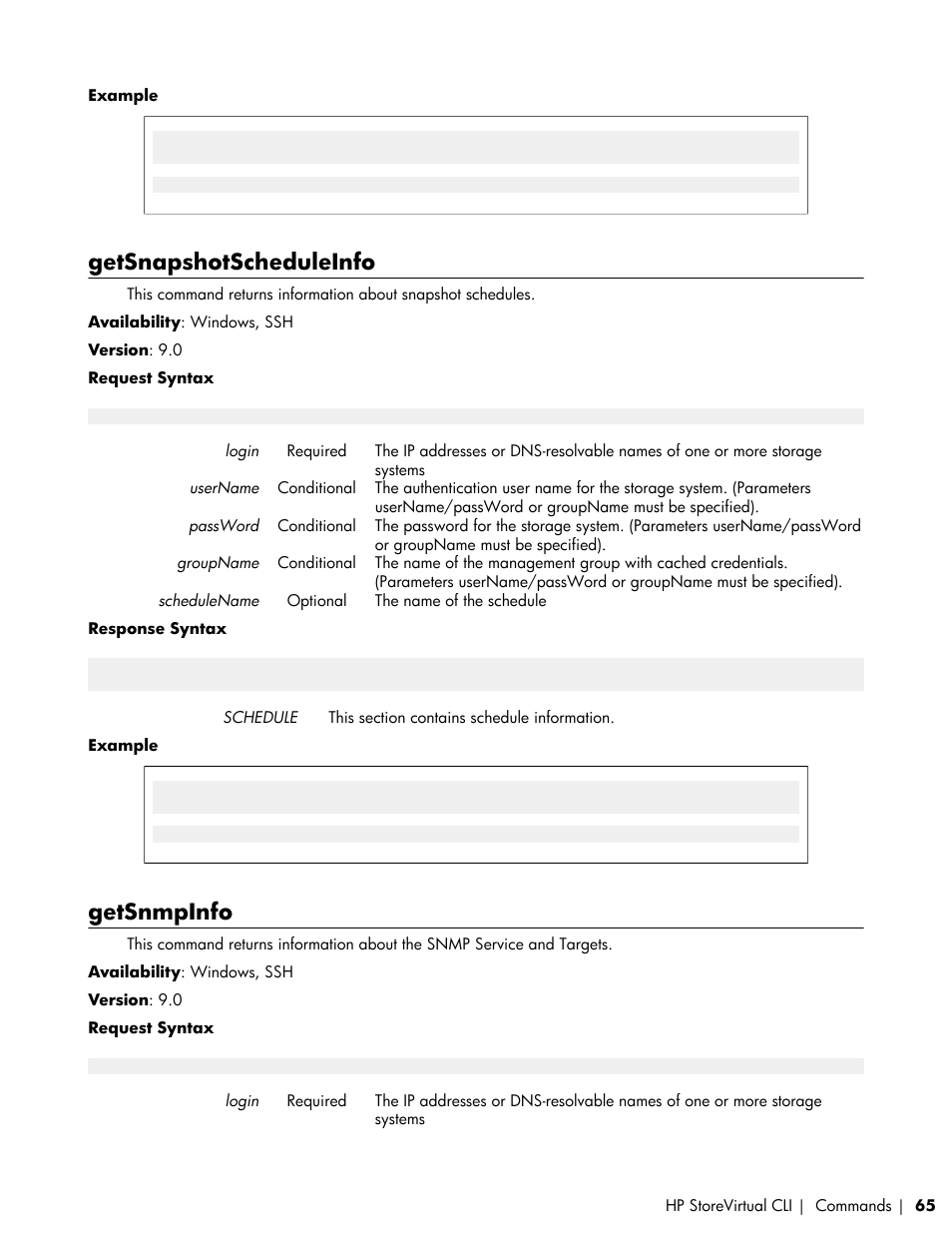 Getsnapshotscheduleinfo, Getsnmpinfo | HP LeftHand P4000 SAN Solutions User Manual | Page 65 / 102