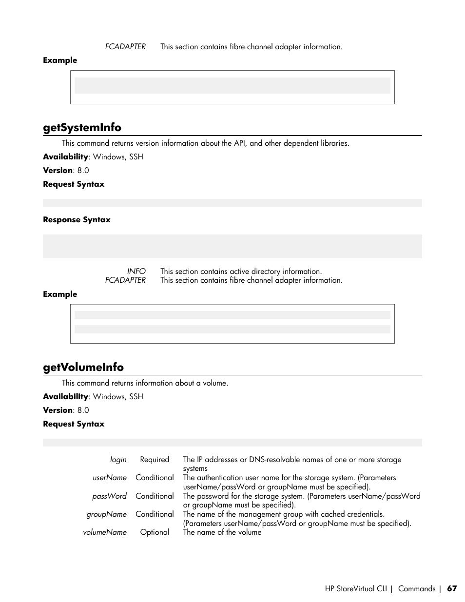 Getsysteminfo, Getvolumeinfo | HP LeftHand P4000 SAN Solutions User Manual | Page 67 / 102