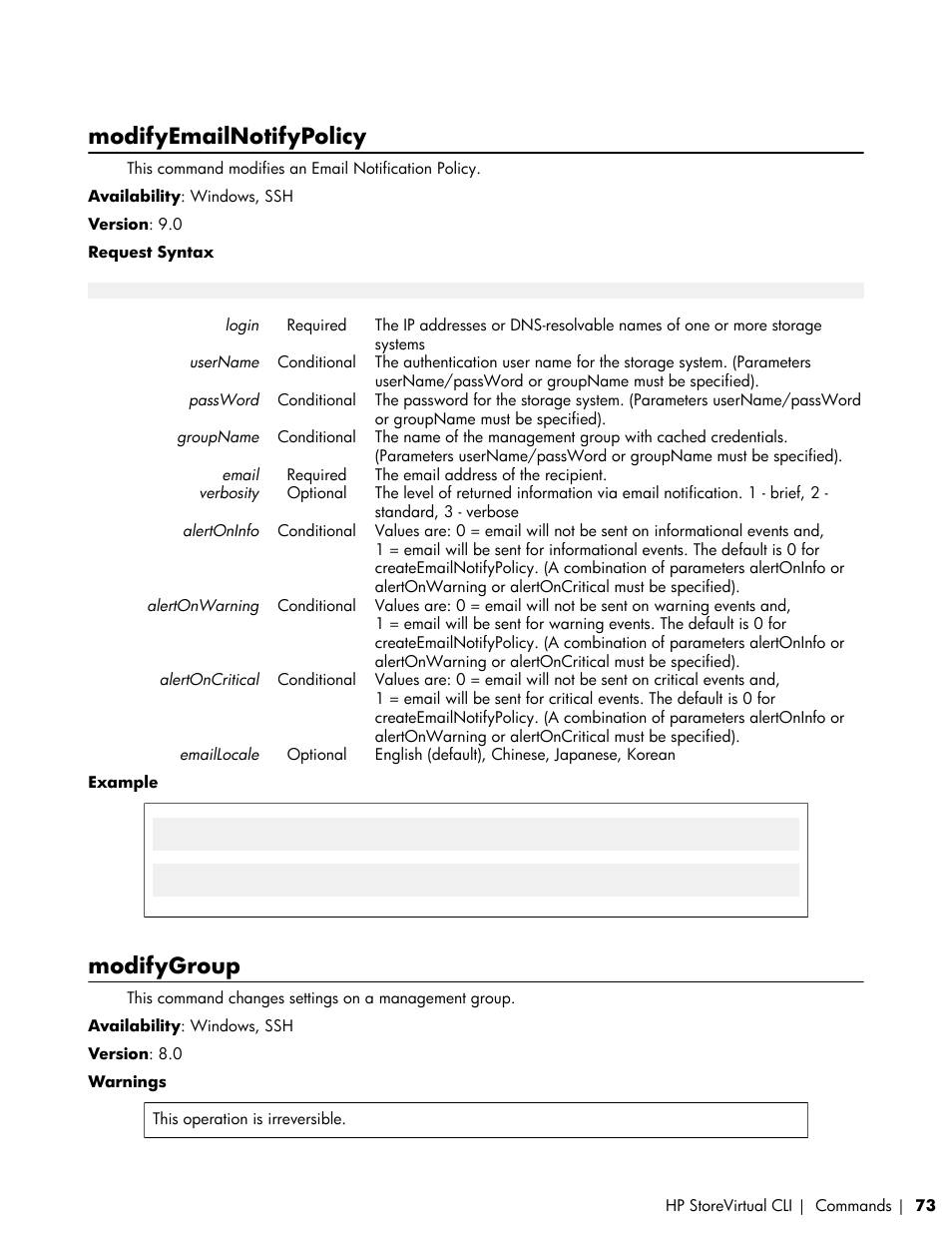 Modifyemailnotifypolicy, Modifygroup | HP LeftHand P4000 SAN Solutions User Manual | Page 73 / 102