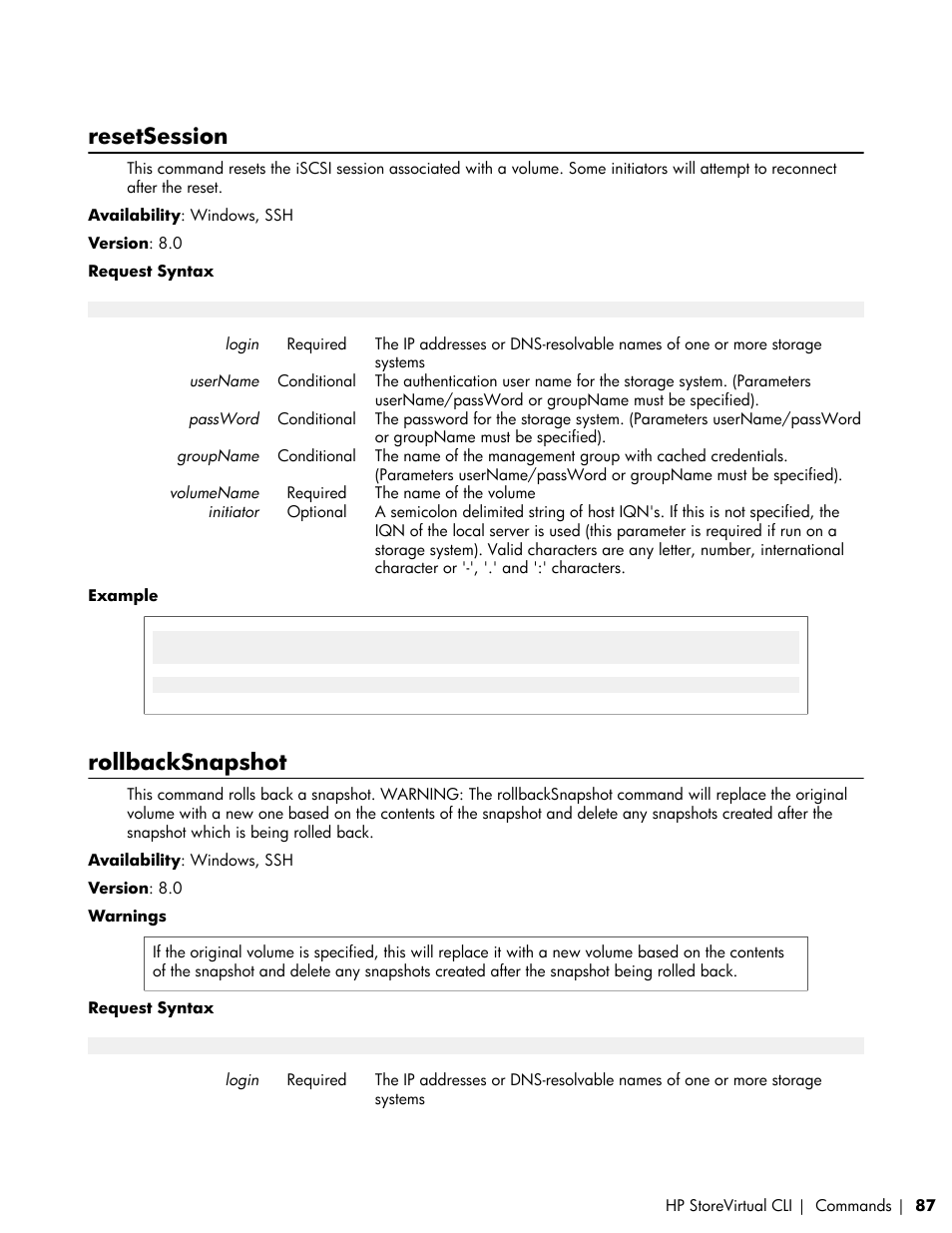 Resetsession, Rollbacksnapshot | HP LeftHand P4000 SAN Solutions User Manual | Page 87 / 102