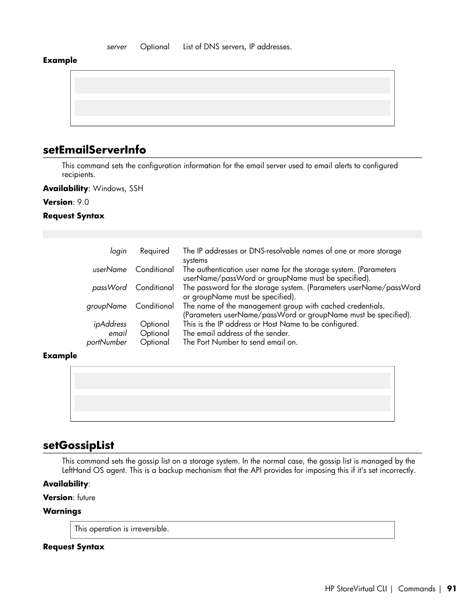 Setemailserverinfo, Setgossiplist | HP LeftHand P4000 SAN Solutions User Manual | Page 91 / 102