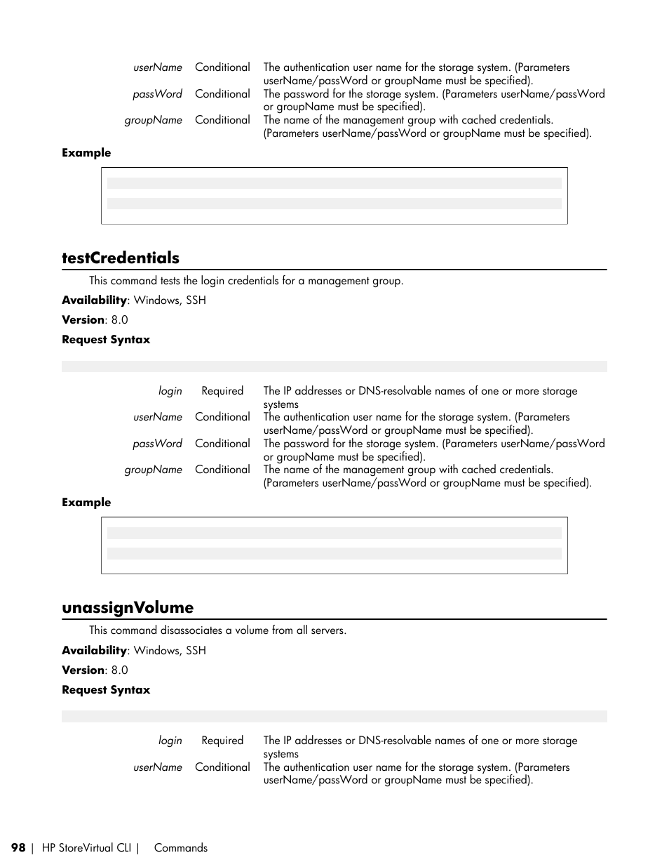 Testcredentials, Unassignvolume | HP LeftHand P4000 SAN Solutions User Manual | Page 98 / 102