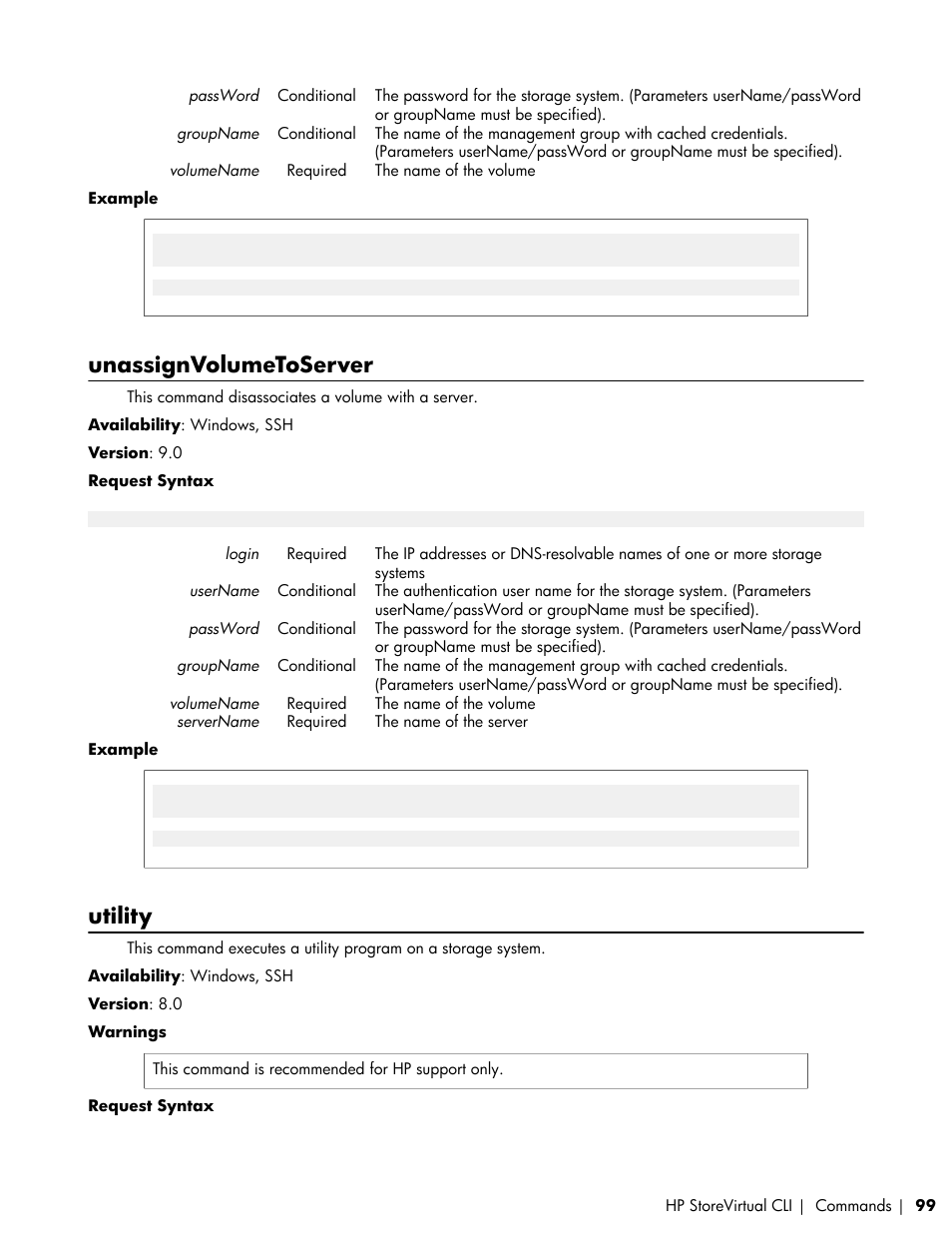 Unassignvolumetoserver, Utility | HP LeftHand P4000 SAN Solutions User Manual | Page 99 / 102