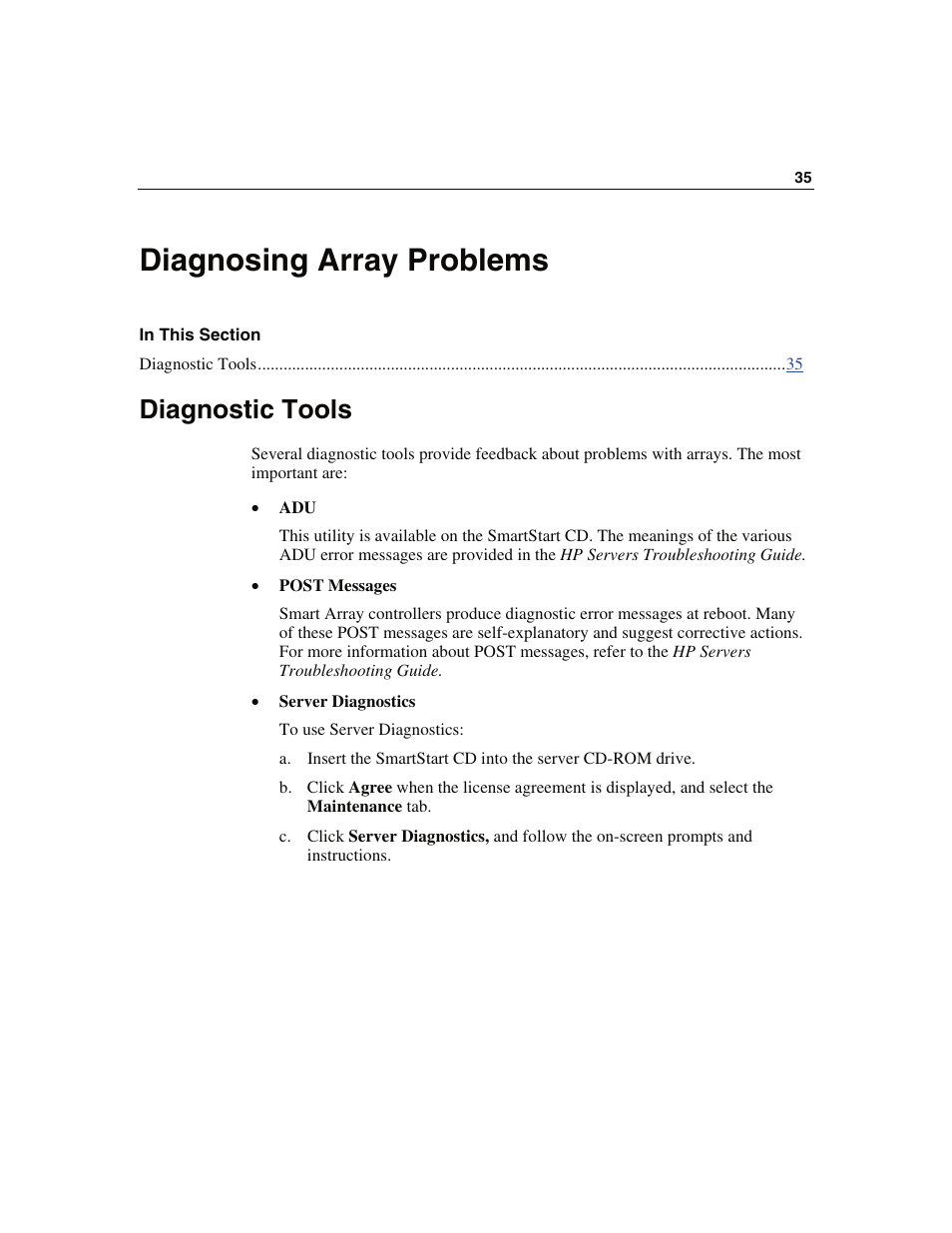 Diagnosing array problems, Diagnostic tools | HP Smart Array 6i Controller and 128MB BBWC User Manual | Page 35 / 56