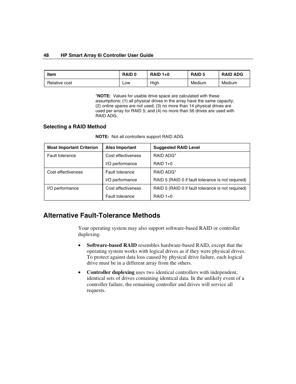 Selecting a raid method, Alternative fault-tolerance methods | HP Smart Array 6i Controller and 128MB BBWC User Manual | Page 48 / 56