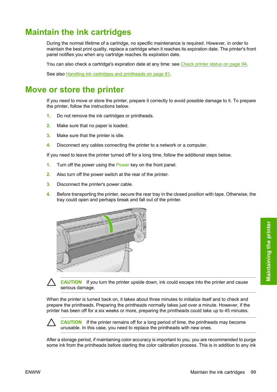 Maintain the ink cartridges, Move or store the printer | HP Designjet Z2100 Photo Printer series User Manual | Page 109 / 182