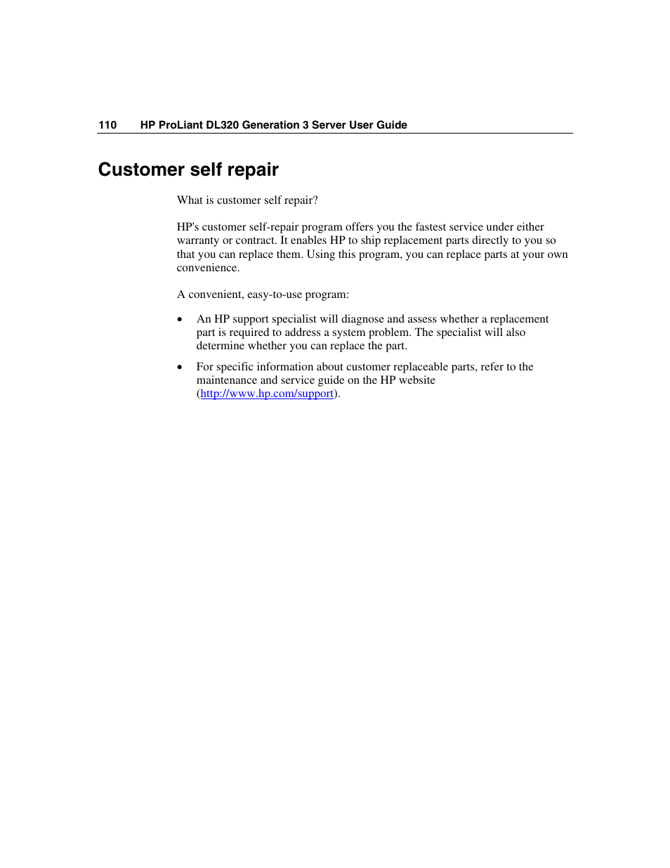 Customer self repair | HP ProLiant DL320 G3 Server User Manual | Page 110 / 119
