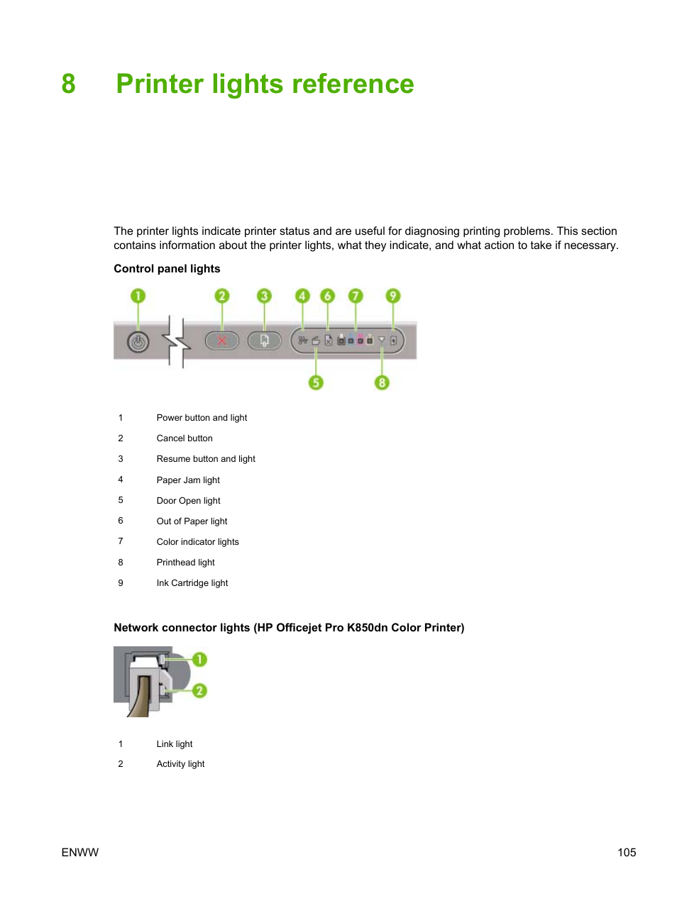 Printer lights reference, 8 printer lights reference, Or blinking. see | 8printer lights reference | HP Officejet Pro K850dn Printer User Manual | Page 113 / 150