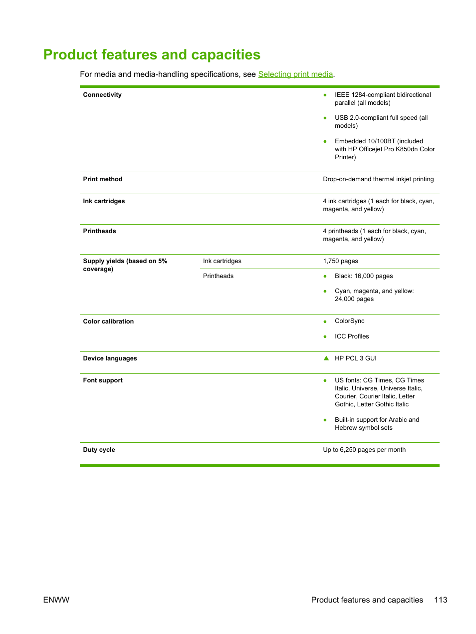 Product features and capacities | HP Officejet Pro K850dn Printer User Manual | Page 121 / 150
