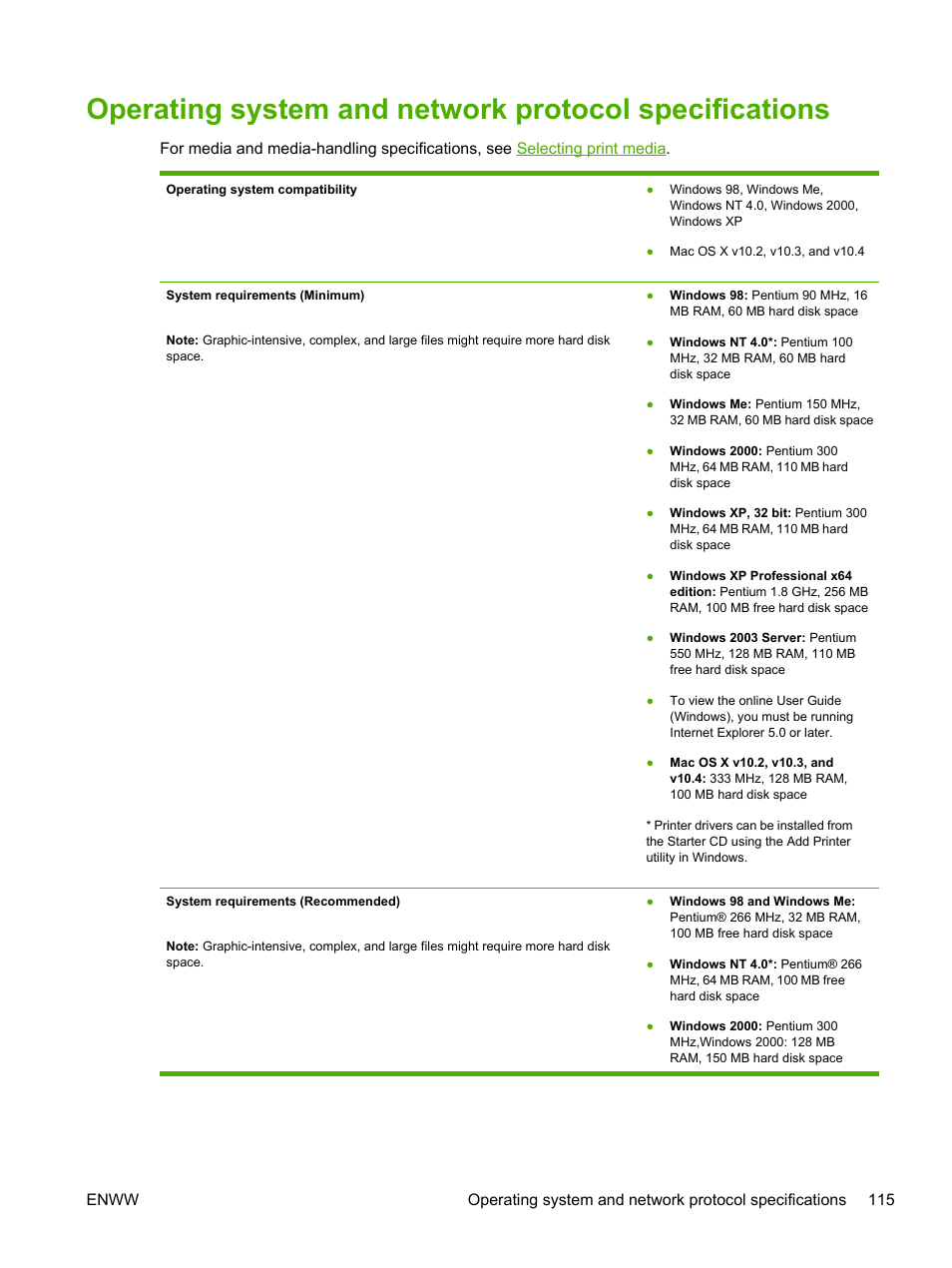 Operating system and, Network protocol specifications, Operating system and network | Protocol specifications, System requirements. see, Operating system and network protocol, Specifications | HP Officejet Pro K850dn Printer User Manual | Page 123 / 150