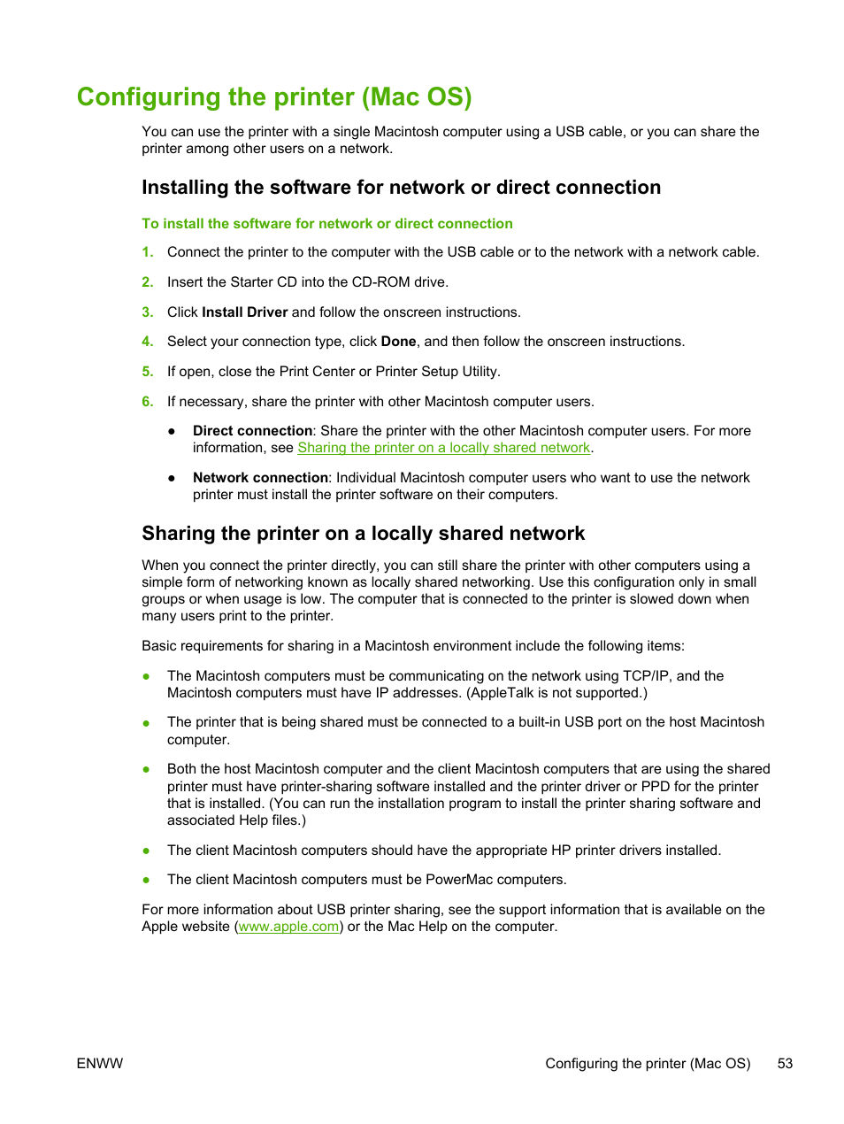 Configuring the printer (mac os), Sharing the printer on a locally shared network | HP Officejet Pro K850dn Printer User Manual | Page 61 / 150