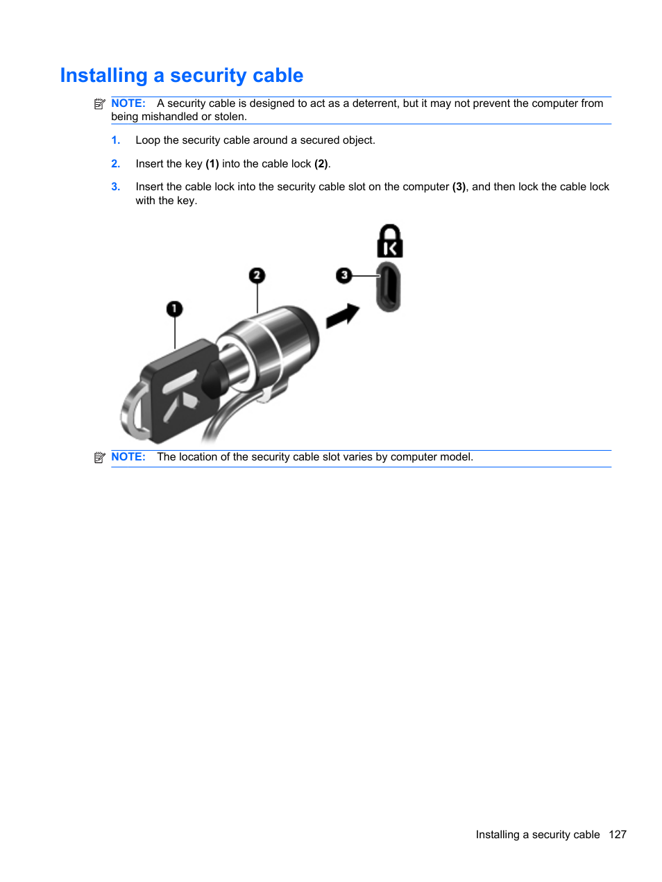 Installing a security cable | HP EliteBook 2740p Tablet-PC User Manual | Page 139 / 179