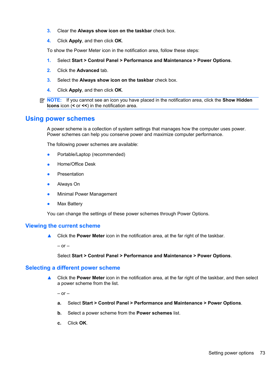 Using power schemes, Viewing the current scheme, Selecting a different power scheme | HP EliteBook 2740p Tablet-PC User Manual | Page 85 / 179