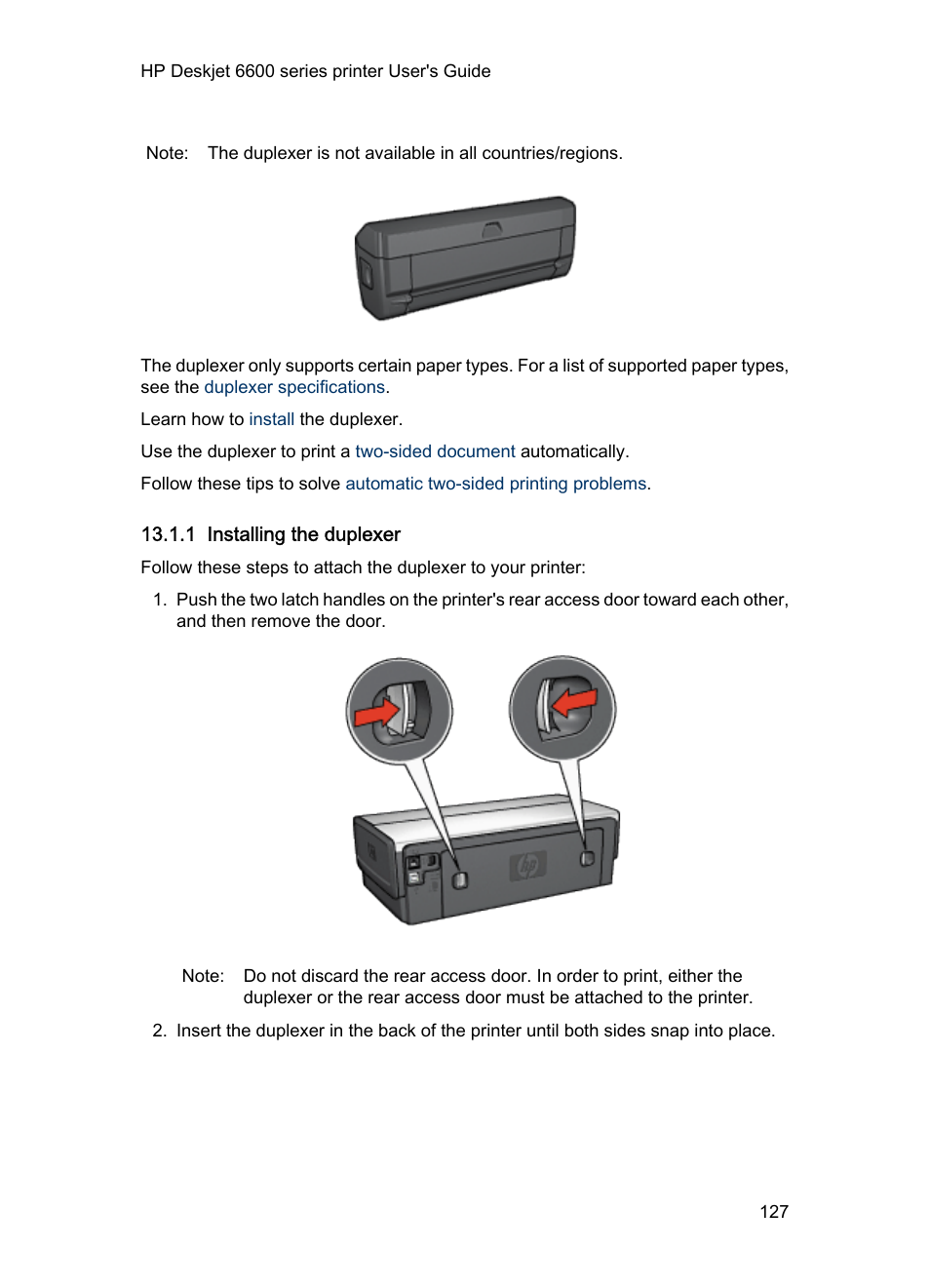 1 installing the duplexer | HP Deskjet 6620 Color Inkjet Printer User Manual | Page 127 / 157