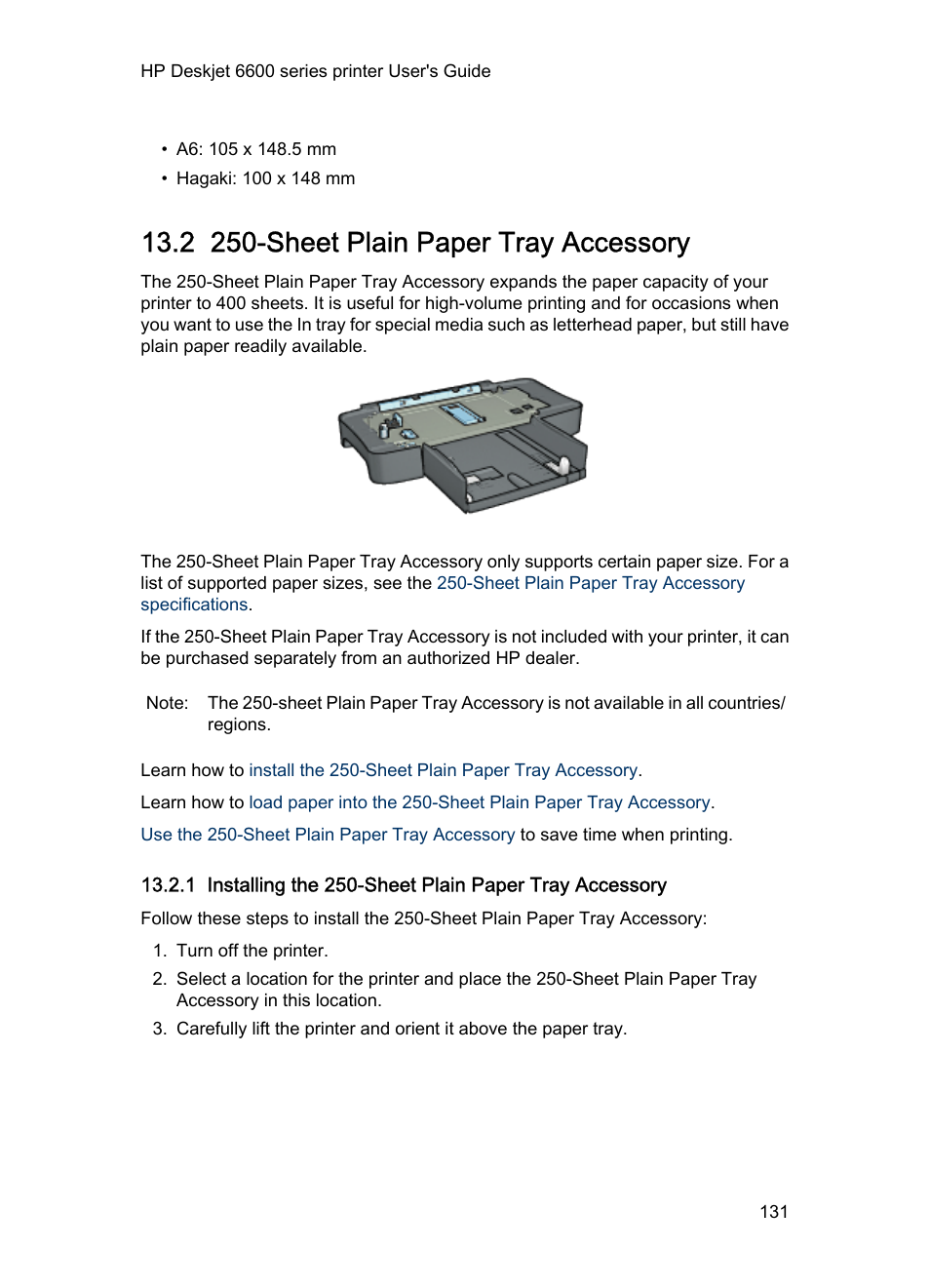 2 250-sheet plain paper tray accessory, Sheet plain paper tray accessory, And expand the printer's paper-handling | Sheet plain paper tray, Accessory, Optional), Or the, Installation steps, Sheet plain paper, Tray accessory | HP Deskjet 6620 Color Inkjet Printer User Manual | Page 131 / 157