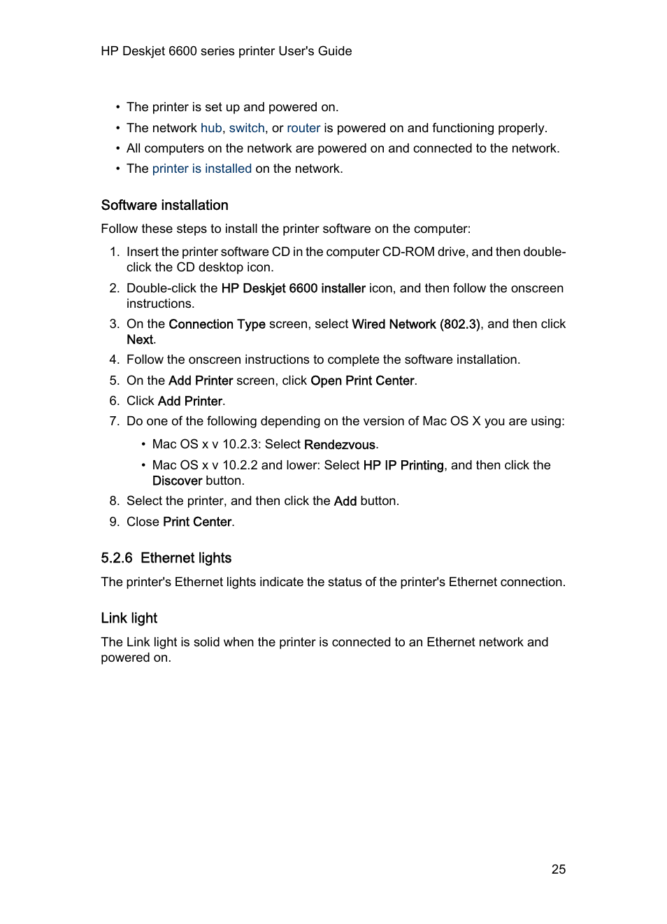 Software installation, 6 ethernet lights, Link light | Ethernet lights | HP Deskjet 6620 Color Inkjet Printer User Manual | Page 25 / 157
