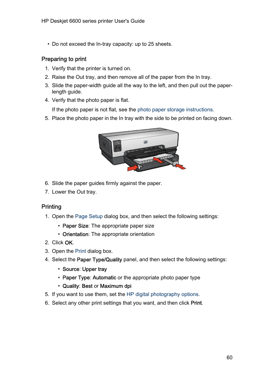 Preparing to print, Printing | HP Deskjet 6620 Color Inkjet Printer User Manual | Page 60 / 157