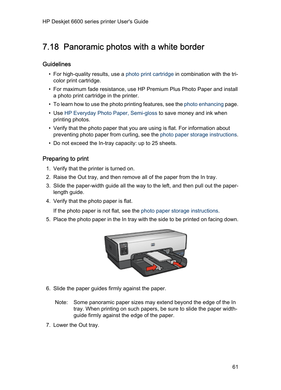 18 panoramic photos with a white border, Guidelines, Preparing to print | Panoramic photo, With a white border | HP Deskjet 6620 Color Inkjet Printer User Manual | Page 61 / 157