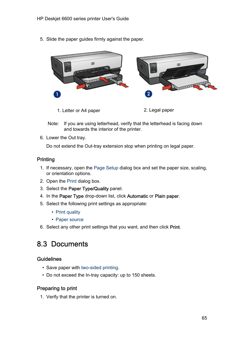 Printing, 3 documents, Guidelines | Preparing to print, Documents | HP Deskjet 6620 Color Inkjet Printer User Manual | Page 65 / 157