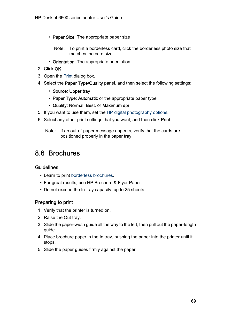 6 brochures, Guidelines, Preparing to print | Brochures | HP Deskjet 6620 Color Inkjet Printer User Manual | Page 69 / 157