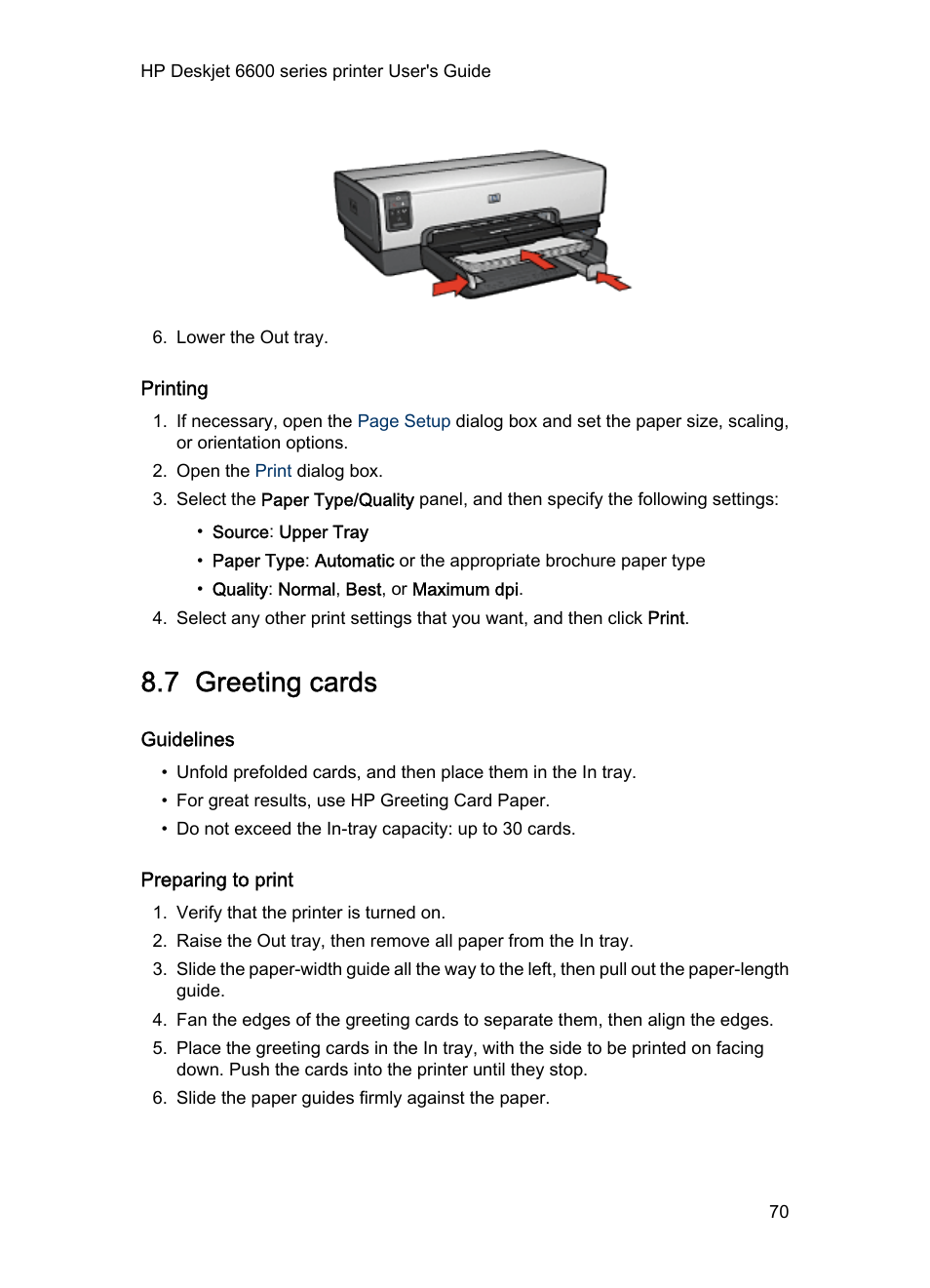 Printing, 7 greeting cards, Guidelines | Preparing to print, Greeting cards | HP Deskjet 6620 Color Inkjet Printer User Manual | Page 70 / 157