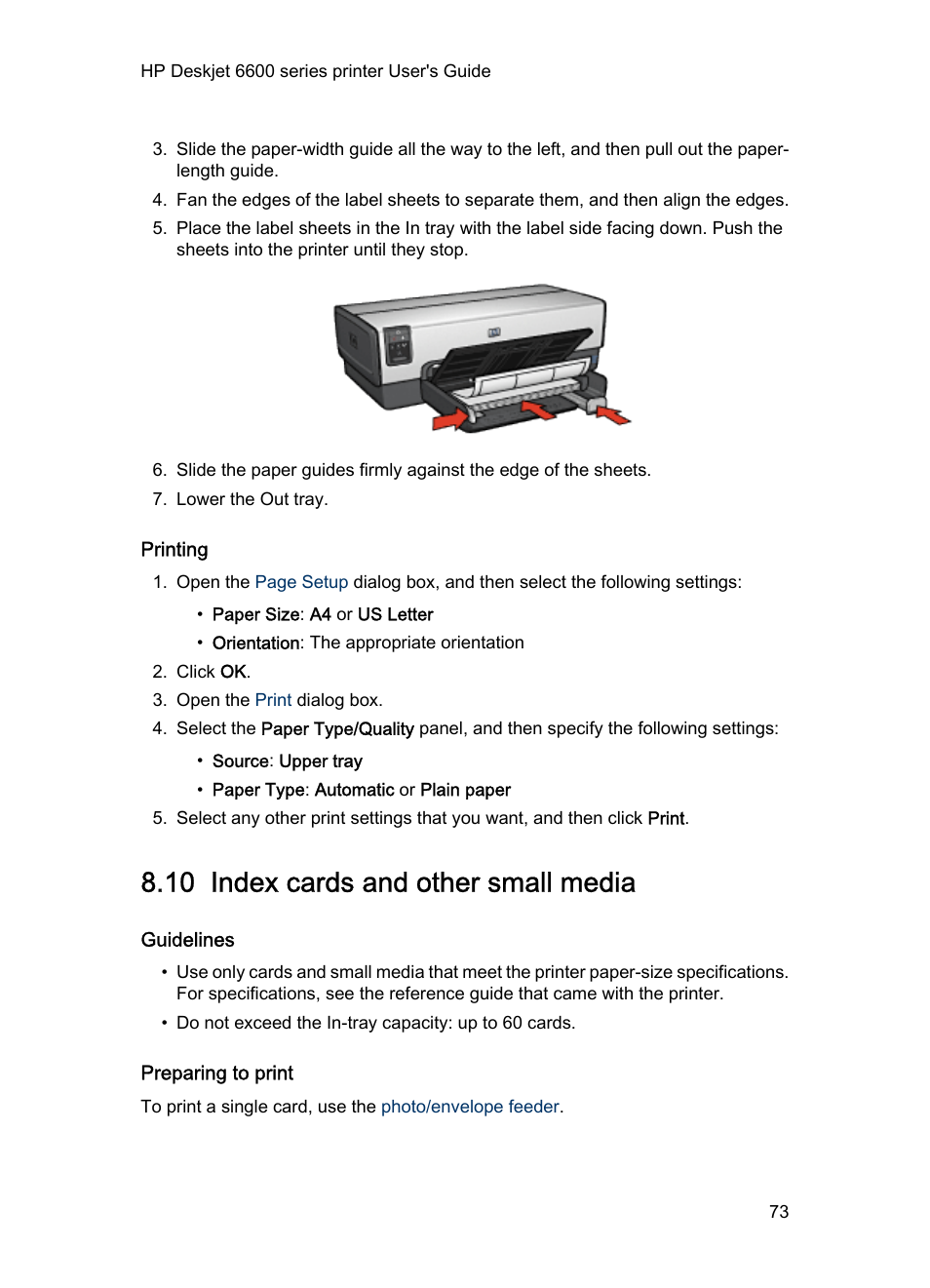 Printing, 10 index cards and other small media, Guidelines | Preparing to print, Index cards | HP Deskjet 6620 Color Inkjet Printer User Manual | Page 73 / 157