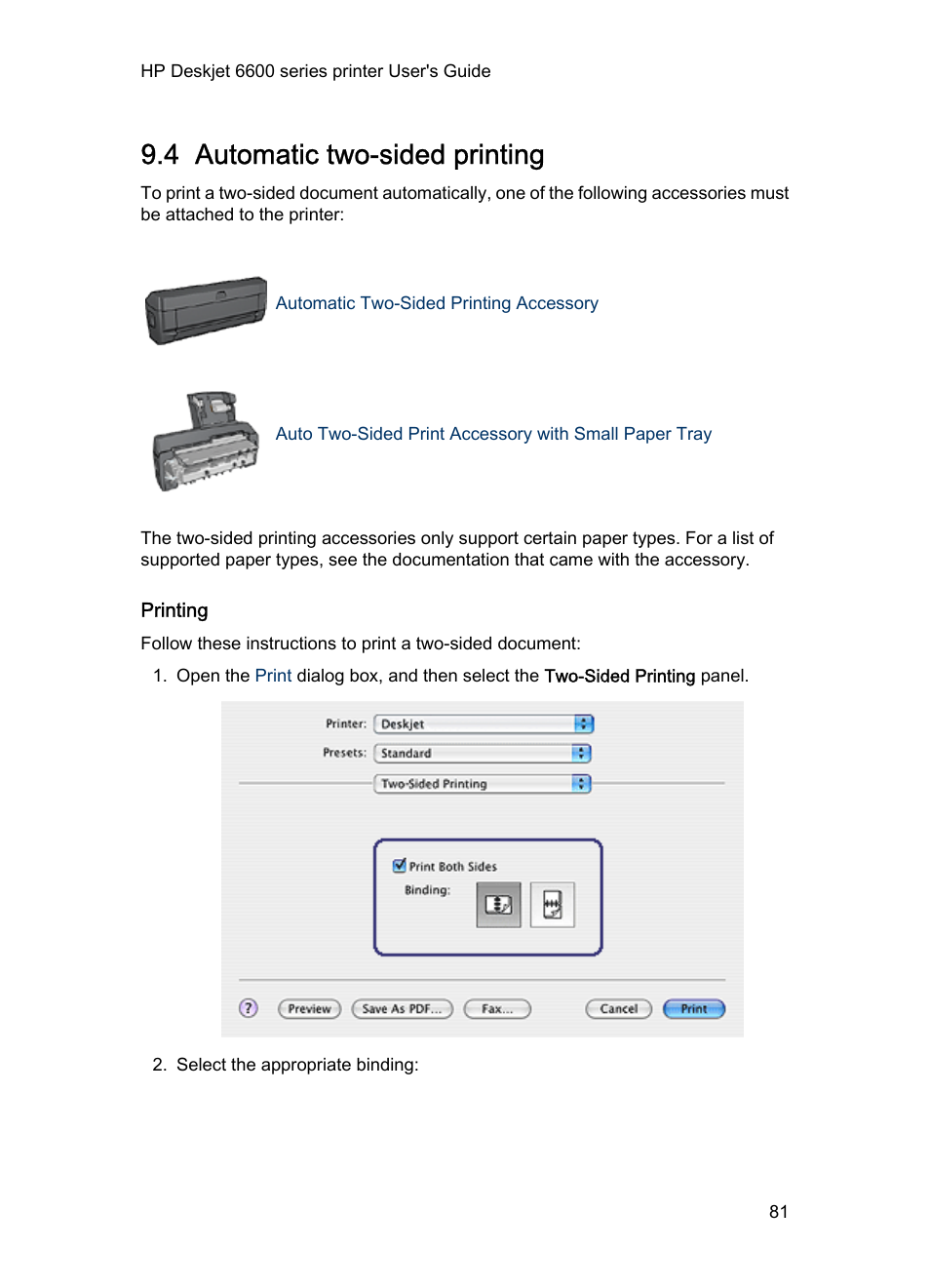 4 automatic two-sided printing, Printing, Two-sided printing | Print a, Two-sided document | HP Deskjet 6620 Color Inkjet Printer User Manual | Page 81 / 157