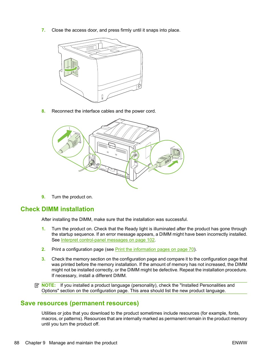 Check dimm installation, Save resources (permanent resources) | HP LaserJet P2055dn User Manual | Page 100 / 176