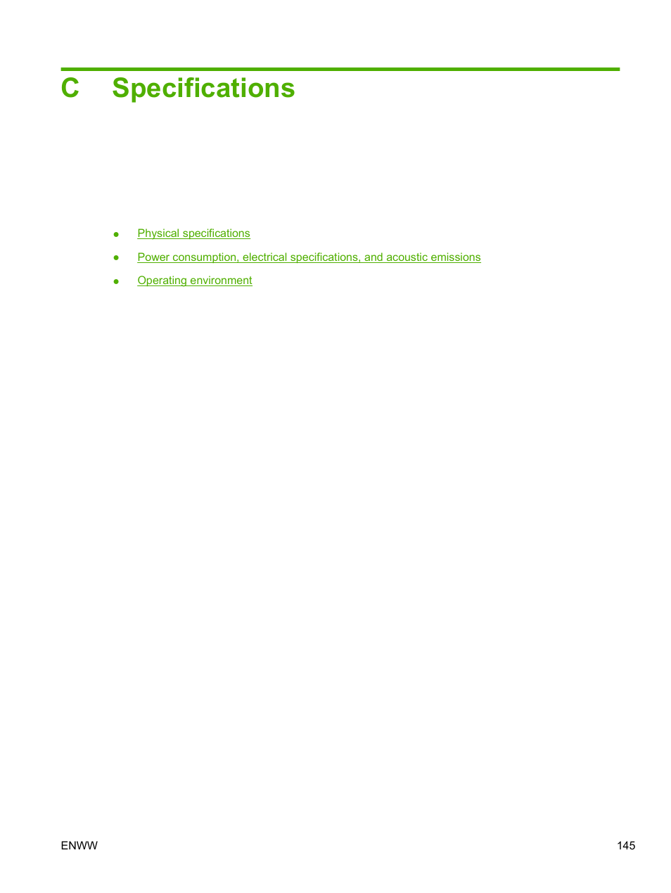 Specifications, Appendix c specifications, Cspecifications | HP LaserJet P2055dn User Manual | Page 157 / 176