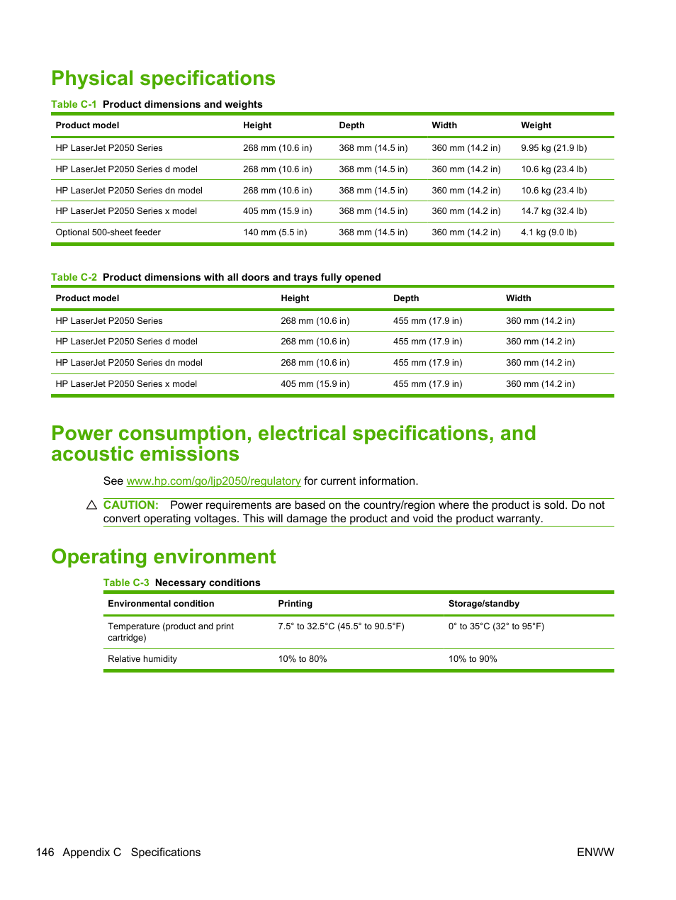 Physical specifications, Operating environment | HP LaserJet P2055dn User Manual | Page 158 / 176