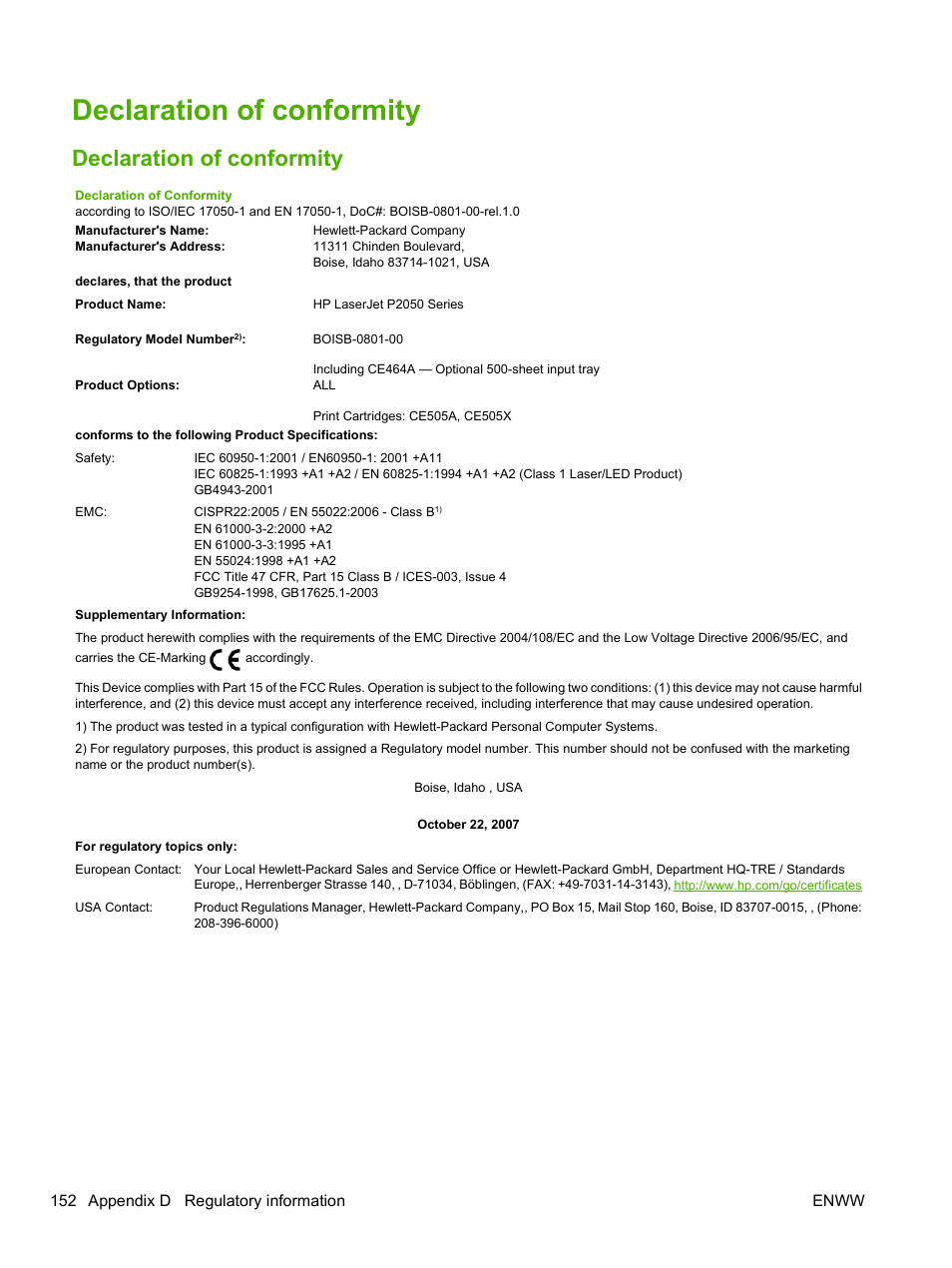 Declaration of conformity | HP LaserJet P2055dn User Manual | Page 164 / 176