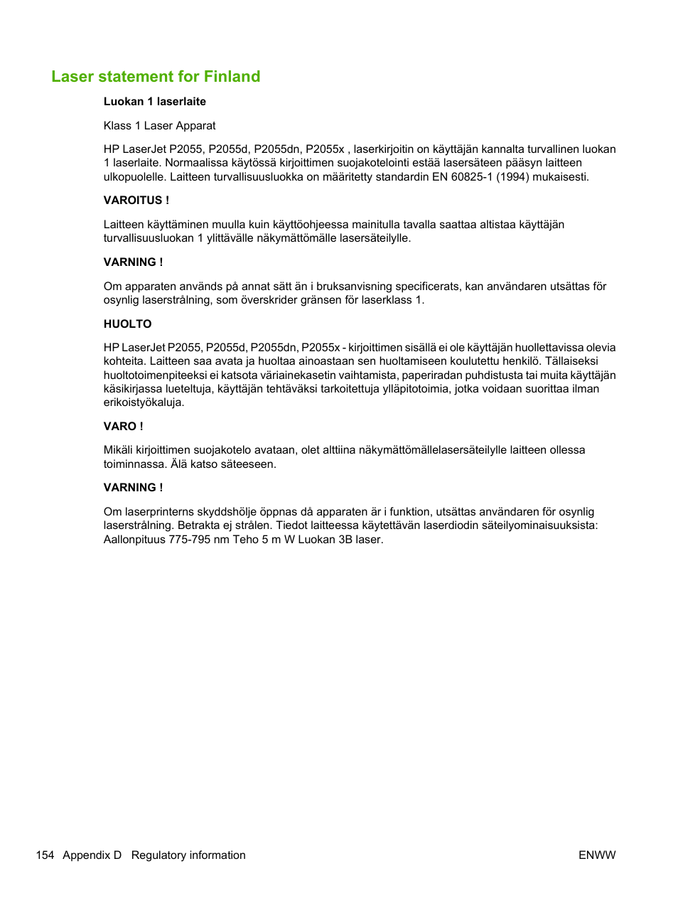 Laser statement for finland | HP LaserJet P2055dn User Manual | Page 166 / 176