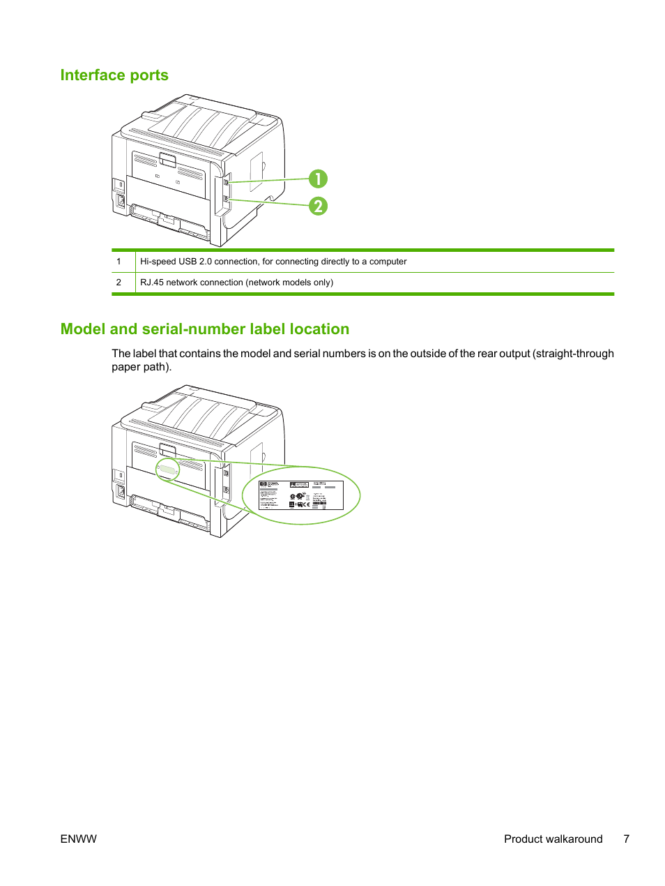 Interface ports, Model and serial-number label location, Interface ports 1 2 | HP LaserJet P2055dn User Manual | Page 19 / 176