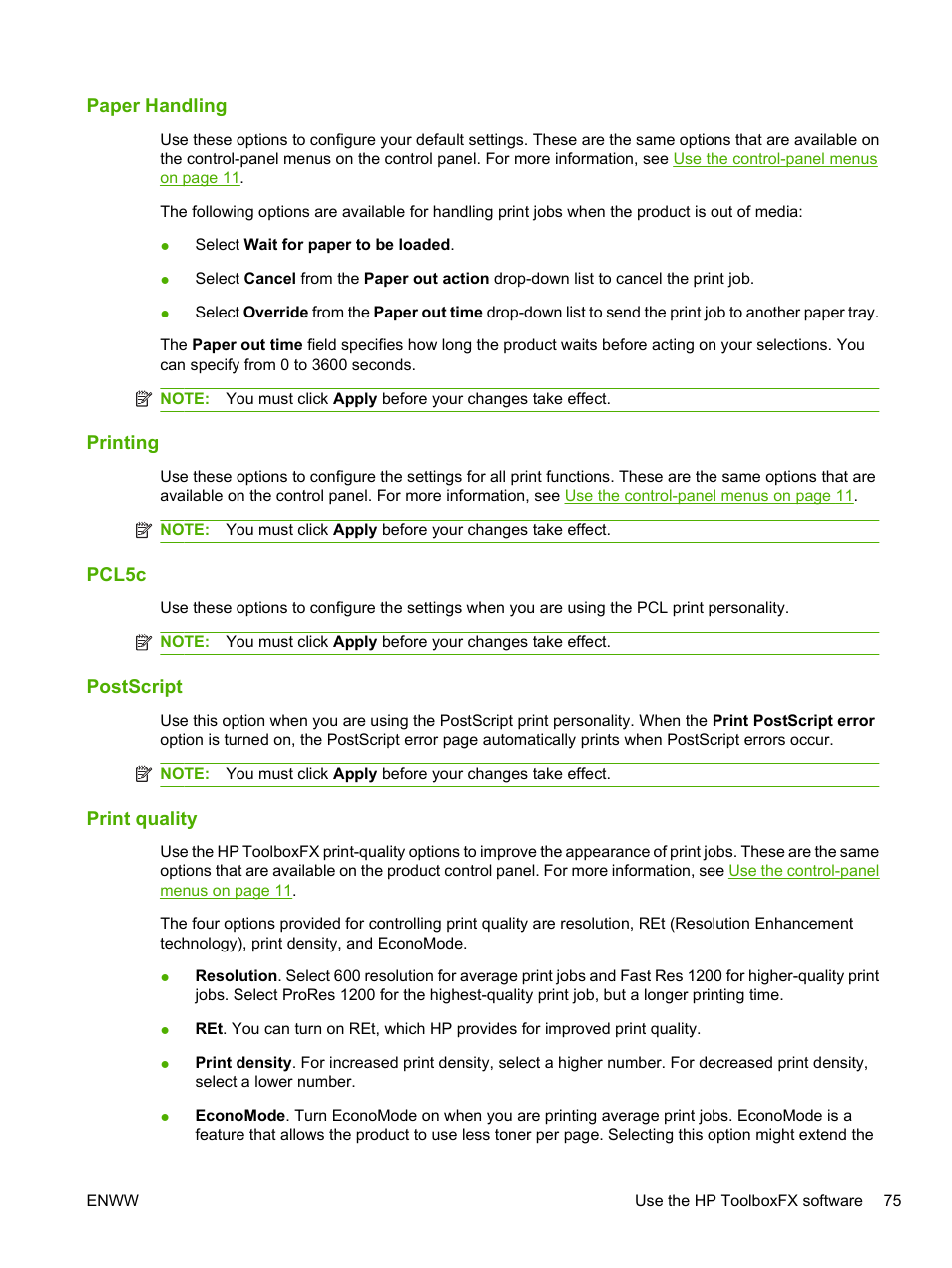 Paper handling, Printing, Pcl5c | Postscript, Print quality | HP LaserJet P2055dn User Manual | Page 87 / 176