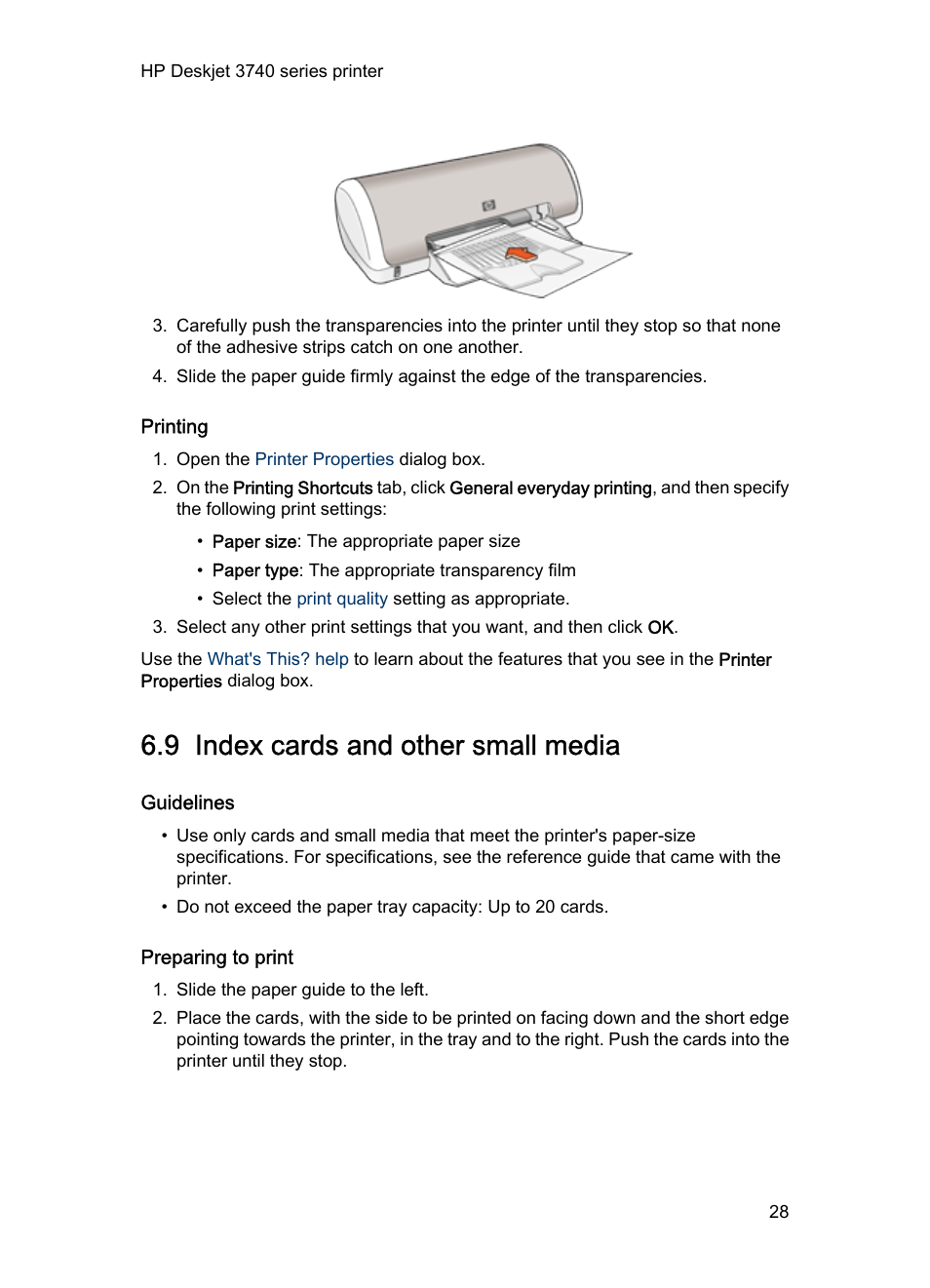 Printing, 9 index cards and other small media, Guidelines | Preparing to print, Index cards | HP Deskjet 3745 Color Inkjet Printer User Manual | Page 28 / 73