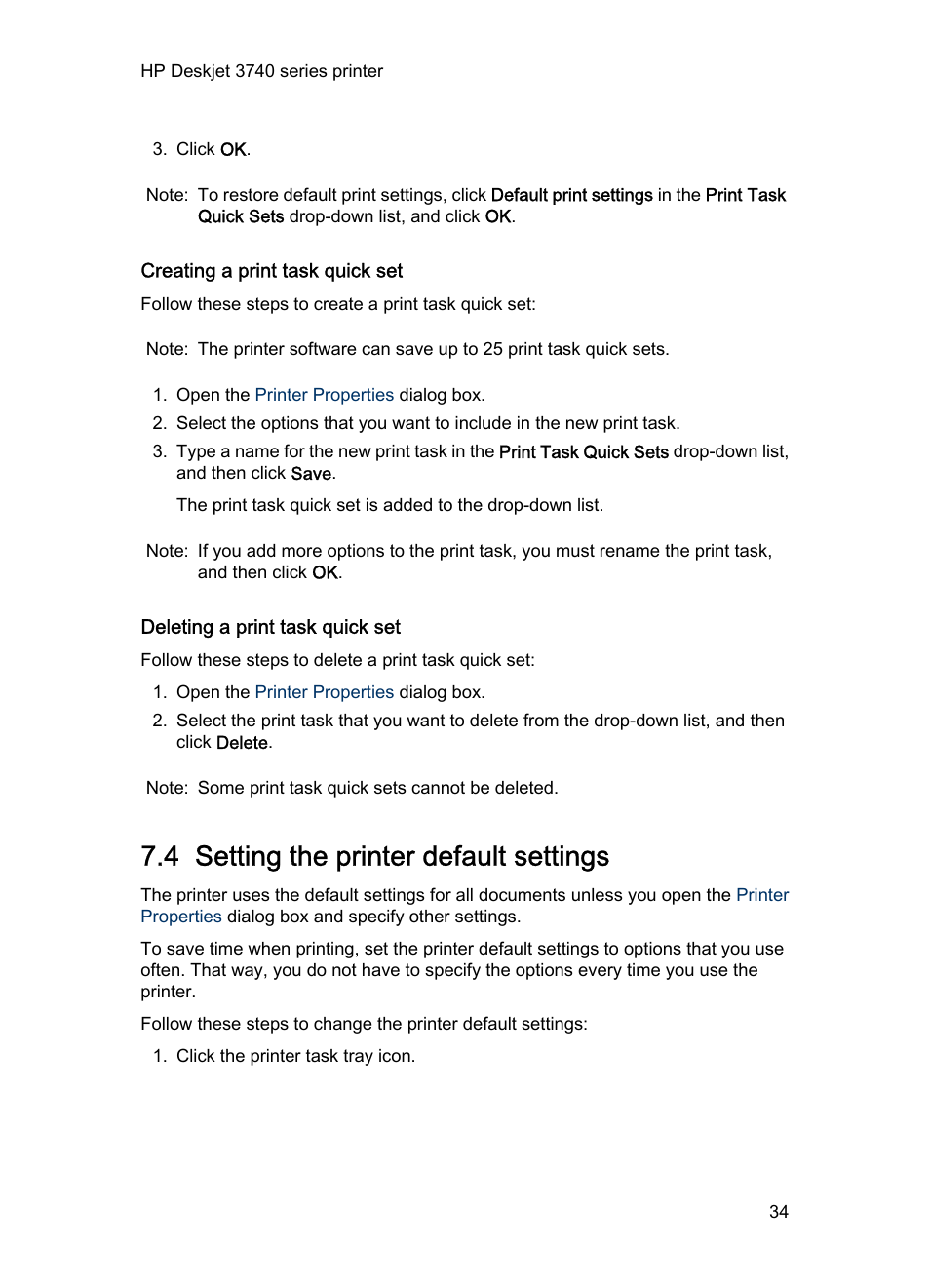 Creating a print task quick set, Deleting a print task quick set, 4 setting the printer default settings | Set the, Printer default settings, For options that you use often | HP Deskjet 3745 Color Inkjet Printer User Manual | Page 34 / 73