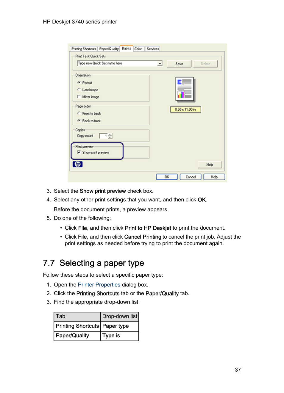 7 selecting a paper type, Paper type | HP Deskjet 3745 Color Inkjet Printer User Manual | Page 37 / 73