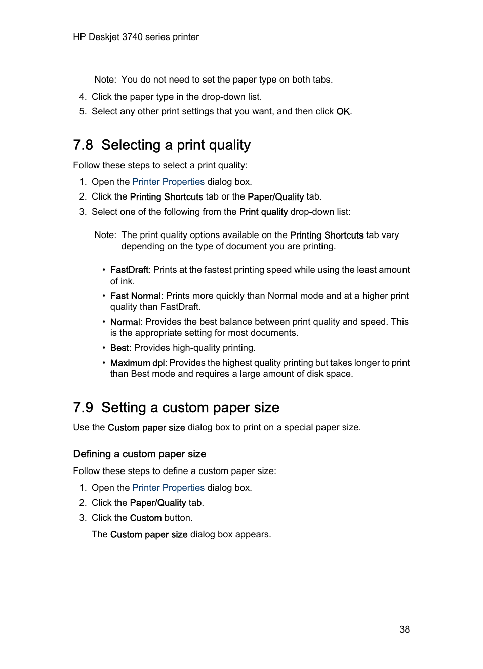 8 selecting a print quality, 9 setting a custom paper size, Defining a custom paper size | Print quality, Custom paper size | HP Deskjet 3745 Color Inkjet Printer User Manual | Page 38 / 73