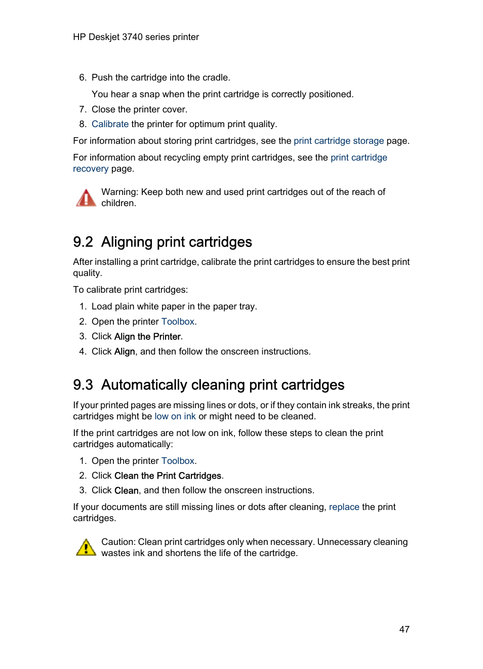 2 aligning print cartridges, 3 automatically cleaning print cartridges, Aligning print cartridges | Automatically cleaning print cartridges | HP Deskjet 3745 Color Inkjet Printer User Manual | Page 47 / 73