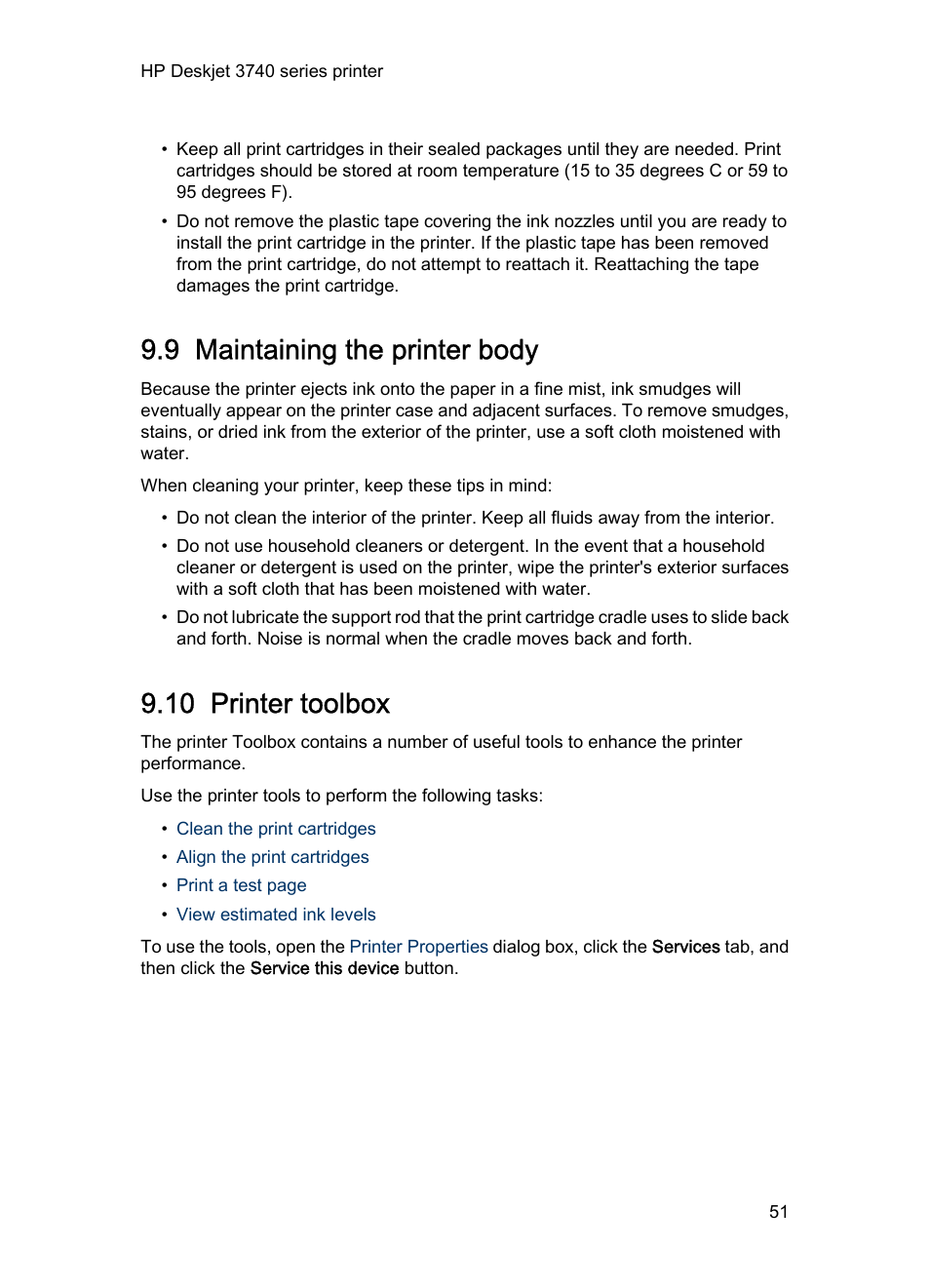 9 maintaining the printer body, 10 printer toolbox, Toolbox | Maintaining the printer body, Printer toolbox | HP Deskjet 3745 Color Inkjet Printer User Manual | Page 51 / 73