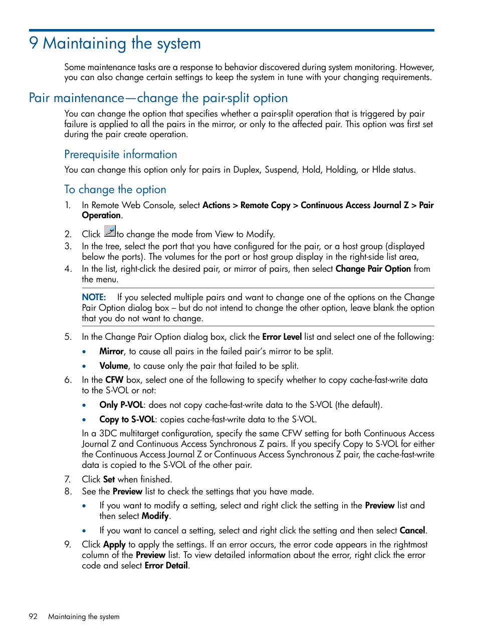 9 maintaining the system, Pair maintenance—change the pair-split option, Prerequisite information | HP XP P9500 Storage User Manual | Page 92 / 193