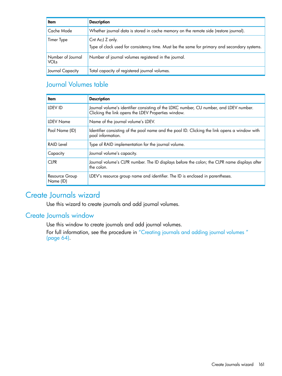Create journals wizard, Create journals window, Journal volumes table | HP XP7 Storage User Manual | Page 161 / 208