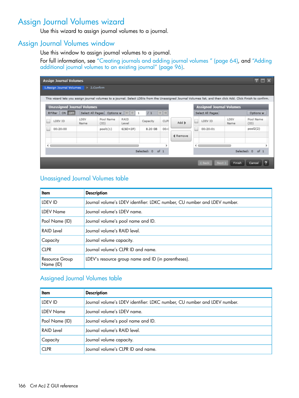 Assign journal volumes wizard, Assign journal volumes window, Unassigned journal volumes table | Assigned journal volumes table | HP XP7 Storage User Manual | Page 166 / 208